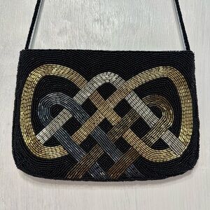 Vintage Beaded Evening Bag Black Gold Silver Knot Pattern China Purse